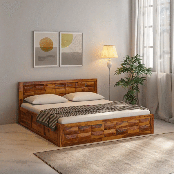 Sheesham Wood Bed | Wooden Storage Bed in Sheesham |  King/Queen Size | Diamond Design Headboard