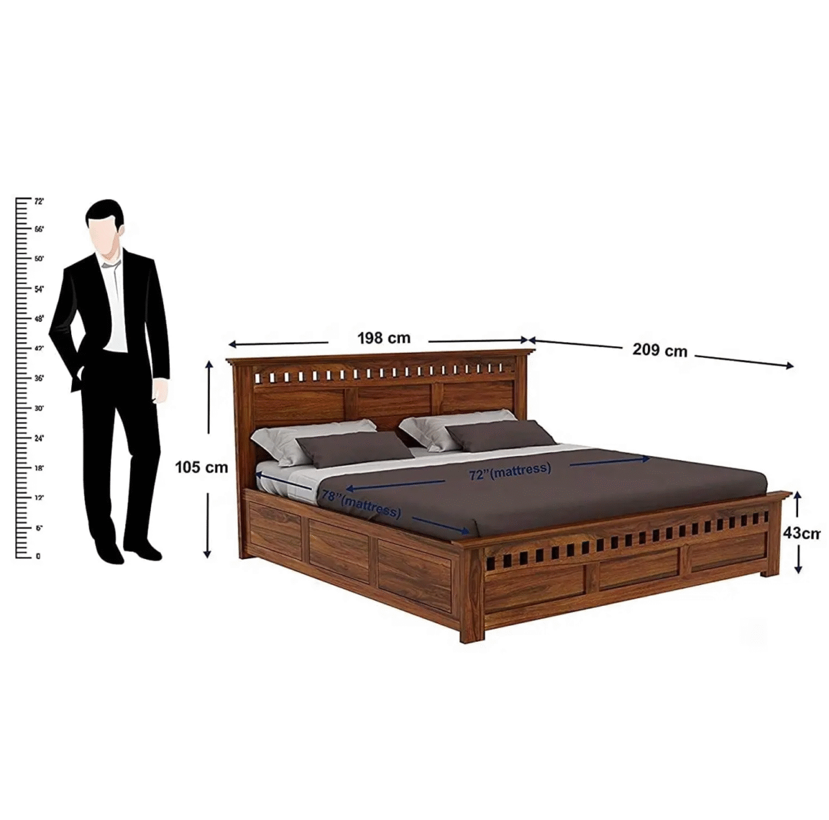 Modern Bed With Storage | Wooden Storage Bed in Sheesham Wood |  King/Queen Size | Wooden Headboard - Image 2