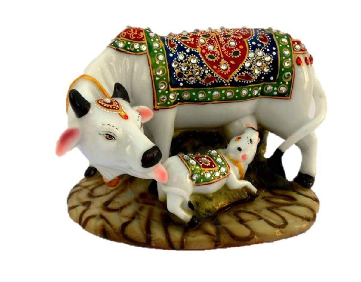 Polyresin Decorative Marble Kamdhenu Cow and Calf Big Handcrafted Statue - Image 3