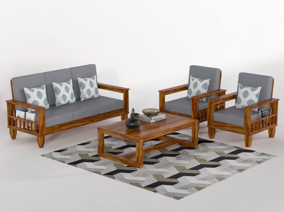 Sheesham Wood Sofa Set 5 Seater For Living Room With Side Magazine Newspaper Holder - Image 2