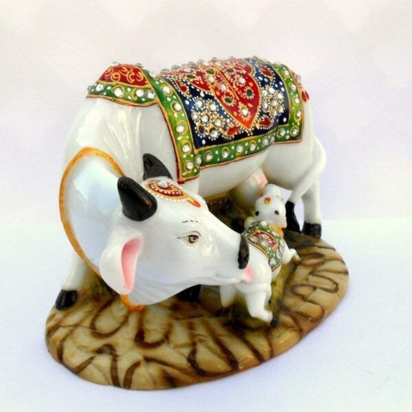 Polyresin Decorative Marble Kamdhenu Cow and Calf Big Handcrafted Statue