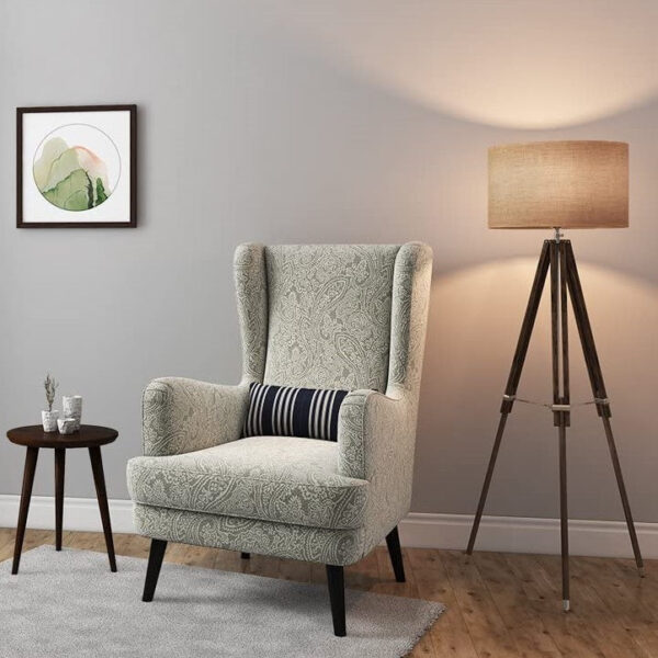 LNW Wooden Upolstered Flower Printed  Wing Chair | High Back Chair | Arm Chair For Living Room Bedroom Grey
