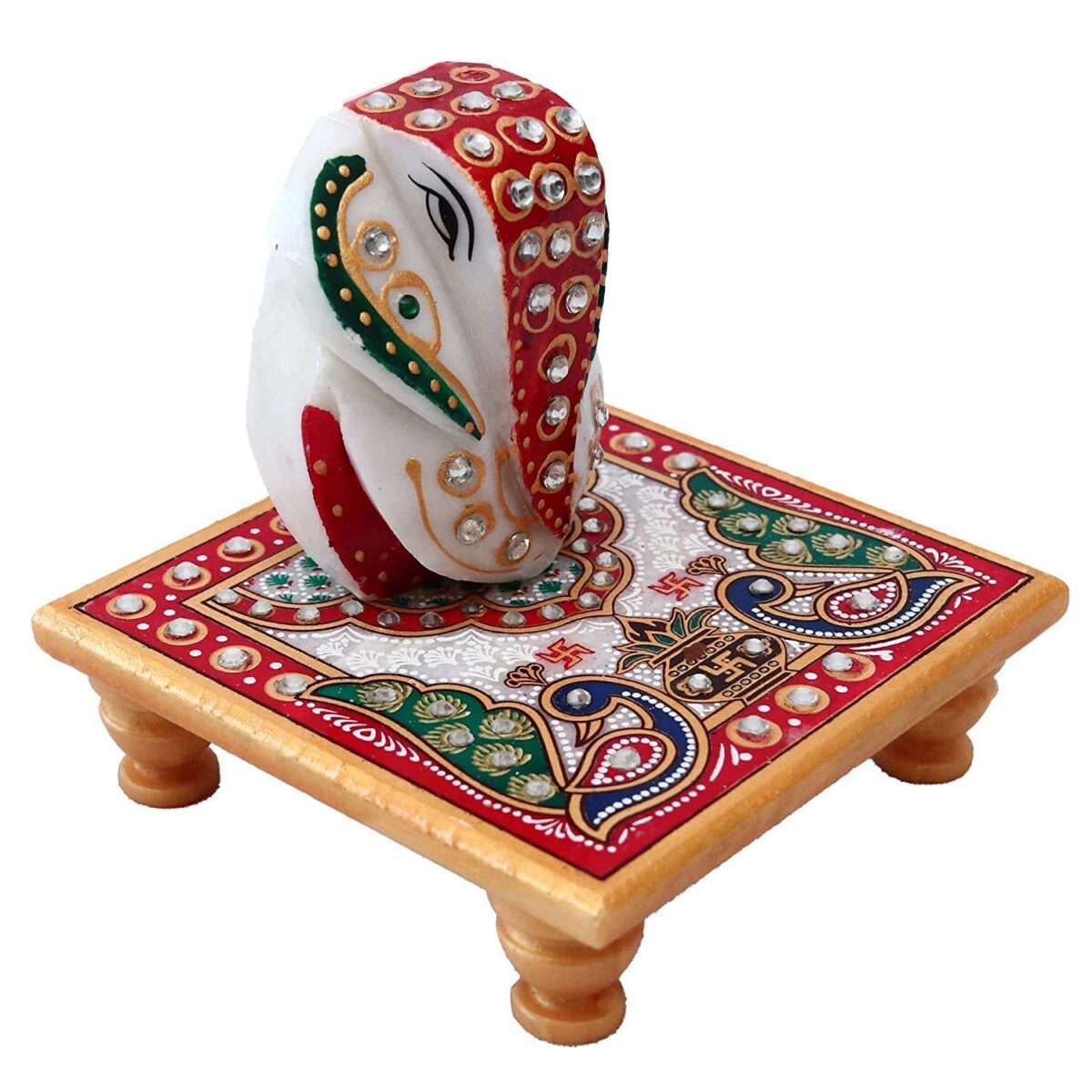 Handcrafted White Marble Chowki Ganesh Sculpture for Home Decoration/Gifting/Pooja