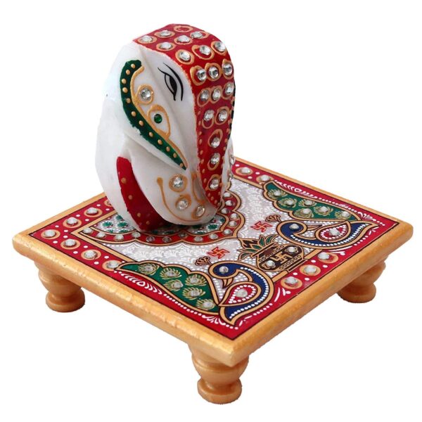 Handcrafted White Marble Chowki Ganesh Sculpture for Home Decoration/Gifting/Pooja
