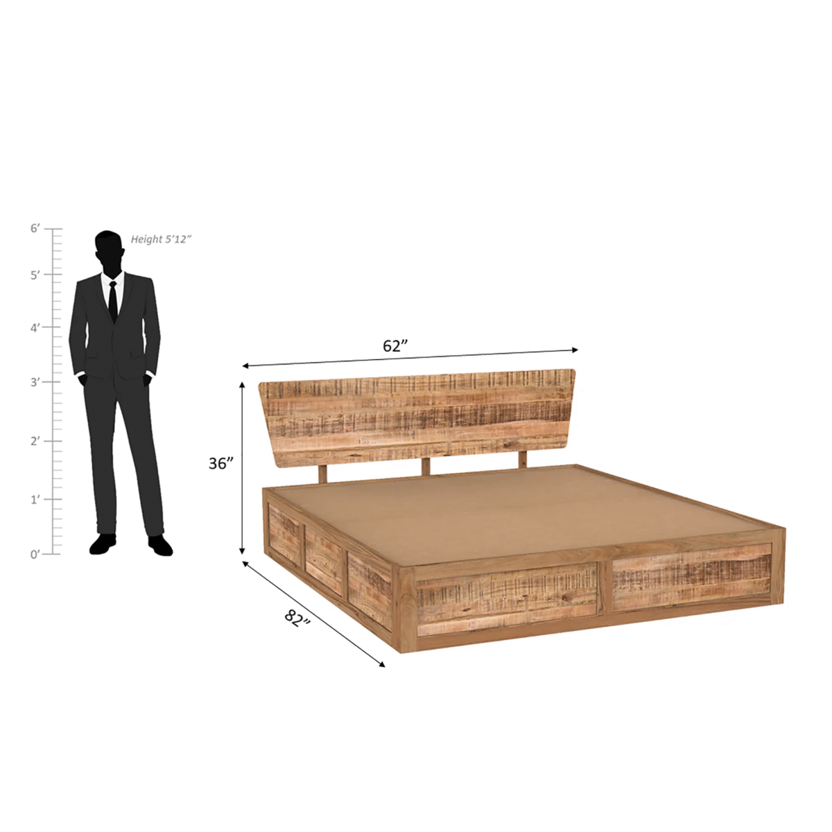Modern Bed | Wooden Storage Bed in Mango Wood |  King/Queen Size | Simple Headboard - Image 3