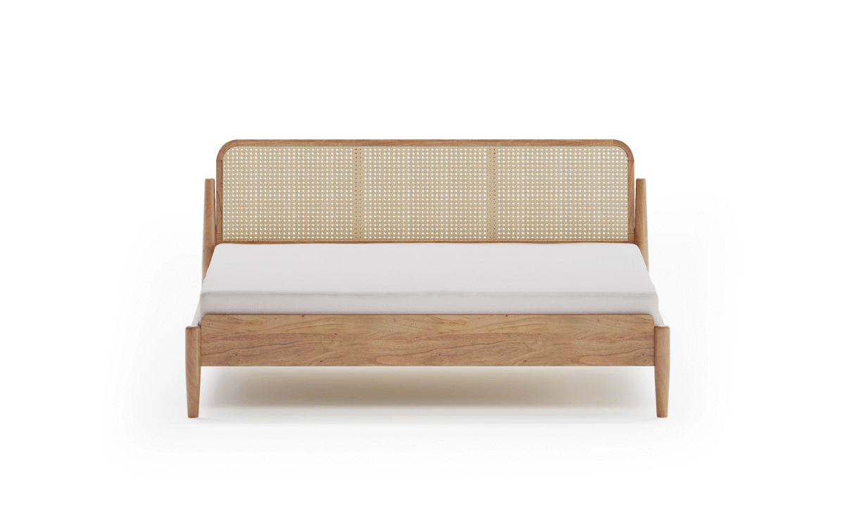 Modern Bed Design | Wooden Bed in Mango Wood | King/Queen Size| Latest Bed Design in Cane Headboard - Image 4