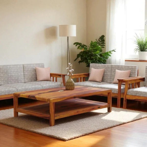 Straight-Arm Wooden Sofa Set | Simple Sofa Set Design | Solid Sheesham Wood Sofa Set For Living Room