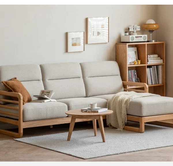 Oak wood fabric sofa string-style backrest | Corner Sofa Set Design | Solid Sheesham Wood Sofa Set For Living Room